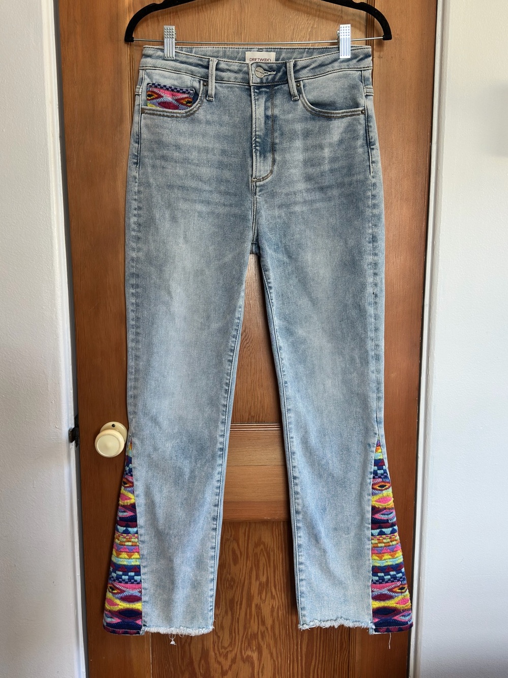 driftwood clara rainbow embroidered flare leg jeans
